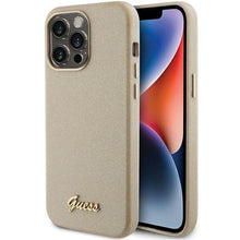 Заредете изображение във визуализатора на галерията – Guess Glitter Glossy Script case for iPhone 15 Pro Max - gold
