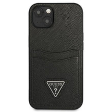 Заредете изображение във визуализатора на галерията – Original faceplate case GUESS GUHCP13MPSATPK for iPhone 13 (Saffiano Double Card Triangle / black)
