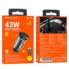 Заредете изображение във визуализатора на галерията – Borofone Car charger BZ26A Shadow - USB + Type C - PD 43W 3A with Type C to Lightning cable transparent-black
