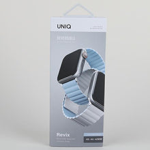Заредете изображение във визуализатора на галерията – Uniq band Revix Apple Watch Series 1/2/3/4/5/6/7/8/SE/SE2/Ultra 42/44/45/49mm. Reversible Magnetic white-blue/white-blue
