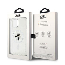 Заредете изображение във визуализатора на галерията – Original Pouch KARL LAGERFELD hardcase Karl&amp;Choupette Glitter MagSafe KLHMP15MHGKCNOT for Iphone 15 Plus transparent
