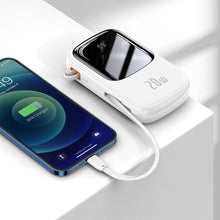 Заредете изображение във визуализатора на галерията – Baseus Qpow Digital Display Power Bank with Fast Charging 20000mAh 20W QC/PD/SCP/FCP with Built-in Lightning Cable White
