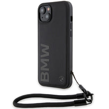 Заредете изображение във визуализатора на галерията – BMW Signature Leather Wordmark Cord Case for iPhone 15/14/13 - Black
