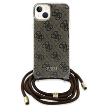Заредете изображение във визуализатора на галерията – Original faceplate case GUESS GUHCP15SHC4SEW for iPhone 15 (Crossbody Cord 4G Print / brown)

