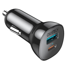 Заредете изображение във визуализатора на галерията – Choetech two-port USB Type C PD 20W car charger + USB QC3.0 38W black (TC0005)
