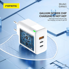 Заредете изображение във визуализатора на галерията – Foneng Wall charger GAN65 GaN - USB + 2xType C - PD 65W 3A with Type C to Type C white
