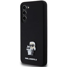 Заредете изображение във визуализатора на галерията – Karl Lagerfeld Silicone Karl&amp;Choupette Metal Pin case for Samsung Galaxy S23+ - black
