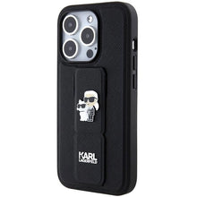 Заредете изображение във визуализатора на галерията – Karl Lagerfeld Gripstand Saffiano Karl&amp;Choupette Pins case for iPhone 15 Pro - black
