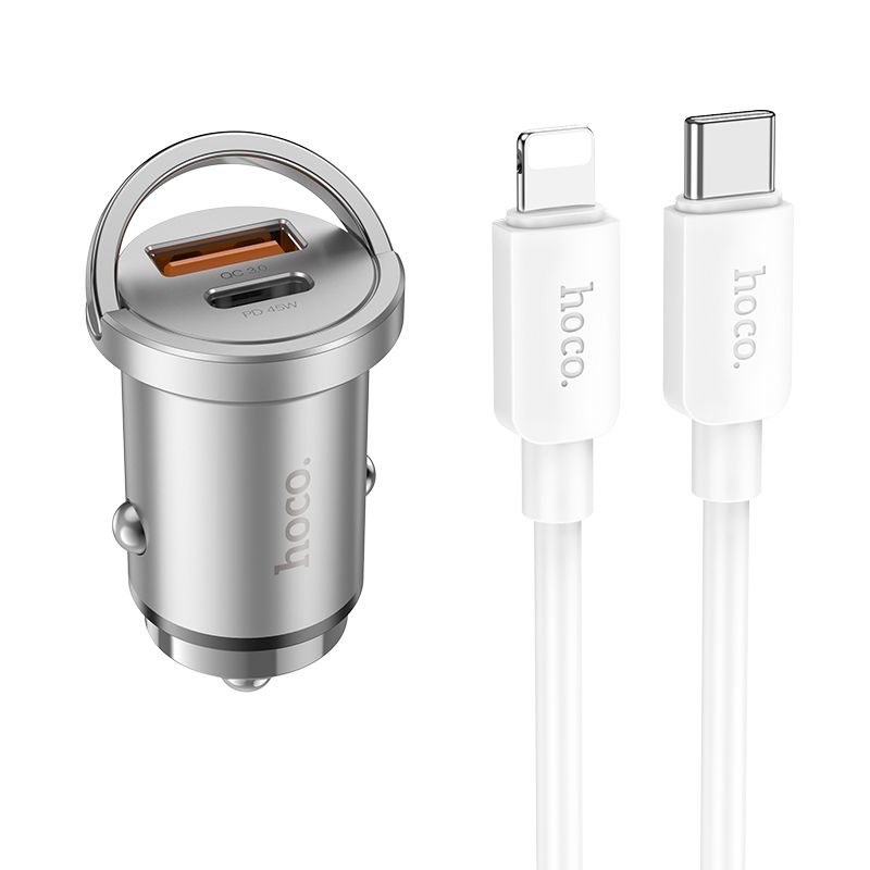 HOCO car charger 2 x USB QC3.0 18W + Type C PD 45W cable Type C for Iphone Lightning 8-pin Handy NZ10 silver