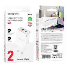 Заредете изображение във визуализатора на галерията – Borofone Wall charger BN16 Tough - USB + Type C - PD 45W 3A white
