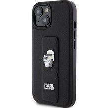 Заредете изображение във визуализатора на галерията – Karl Lagerfeld Gripstand Saffiano Karl&amp;Choupette Pins case for iPhone 15 - black
