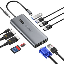 Заредете изображение във визуализатора на галерията – Choetech multifunctional HUB with display 12in1 USB-C to USB-C / USB-A / HDMI / VGA / AUX / SD / TF gray (HUB-M26)
