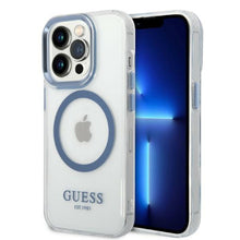 Заредете изображение във визуализатора на галерията – Guess GUHMP14XHTRMB iPhone 14 Pro Max 6.7" blue/blue hard case Metal Outline Magsafe
