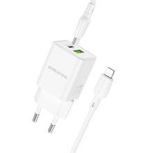 Заредете изображение във визуализатора на галерията – Borofone Wall charger BN14 Royal GaN - USB + Type C - QC 3.0 PD 30W with Type C to Lightning cable white
