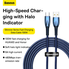 Заредете изображение във визуализатора на галерията – BASEUS cable USB A to Type C Power Delivery 100W Glimmer Series CADH000503 2m blue
