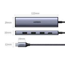 Заредете изображение във визуализатора на галерията – Ugreen adapter converter HUB 5in1 USB C - 3x USB 3.0 / HDMI / RJ45 gray (CM475)

