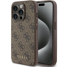 Заредете изображение във визуализатора на галерията – Original Case GUESS 4G Metal Gold Logo GUHCP15LG4GFBR for Iphone 15 Pro brown
