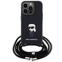 Заредете изображение във визуализатора на галерията – Original Pouch KARL LAGERFELD hardcase Crossbody Saffiano Monogram Metal Pin Karl&amp;Choupette KLHCP15LSASKNPSK for Iphone 15 Pro Black
