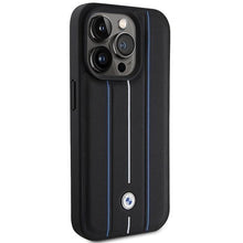 Заредете изображение във визуализатора на галерията – BMW Leather Stamp Blue Lines case for iPhone 15 Pro Max - black
