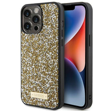 Заредете изображение във визуализатора на галерията – Guess Rhinestone Metal Logo case for iPhone 15 Pro Max - yellow
