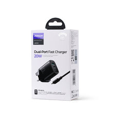 Заредете изображение във визуализатора на галерията – Joyroom fast UK wall charger USB Type C + USB 20W PD QC3.0 black (L-QP2011) + USB Type C - Lightning cable 1m (S-M006)
