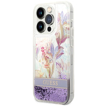 Заредете изображение във визуализатора на галерията – Original faceplate case guess guhcp14llflsu for iphone 14 pro (liquide glitter flower / purple)
