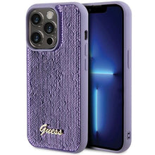 Заредете изображение във визуализатора на галерията – Guess Sequin Script Metal case for iPhone 15 Pro - purple
