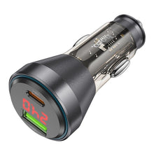 Заредете изображение във визуализатора на галерията – HOCO car charger USB QC 18W + Type C 30W with digital display + cable Type C to Lightning PD48W NZ12B transparent black
