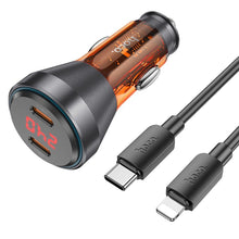 Заредете изображение във визуализатора на галерията – HOCO car charger 2 x Type C QC 30W with digital display + cable Type C to Lightning PD60W transparent orange
