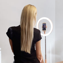 Заредете изображение във визуализатора на галерията – LED selfie ring light flash 52 - 170 cm tripod with phone holder pink - TopMag
