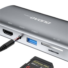 Заредете изображение във визуализатора на галерията – Dudao 11in1 multifunctional HUB USB Type C - USB Type C PD 60 W / HDMI / 3.5 mm mini jack / 1x USB 2.0 / SD card reader micro SD / VGA / RJ45 / 3x USB 3.2 Gen 1 gray (A15Pro gray) - TopMag
