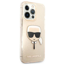 Заредете изображение във визуализатора на галерията – Karl Lagerfeld KLHCP13LKHTUGLGO iPhone 13 Pro / 13 6,1" złoty/gold hardcase Glitter Karl`s Head
