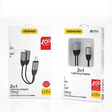 Заредете изображение във визуализатора на галерията – Dudao Headphone Adapter Lightning to Lightning Adapter + 3.5mm Mini Jack for Music and Charging Gray (L17i + Gray) - TopMag
