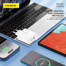 Заредете изображение във визуализатора на галерията – Foneng Wall charger GAN65 GaN - USB + 2xType C - PD 65W 3A with Type C to Type C white
