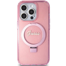 Заредете изображение във визуализатора на галерията – Original faceplate case GUESS GUHMP15LHRSGSP for iPhone 15 Pro (Magsafe / Glitter Script Logo / Ring stand / pink)
