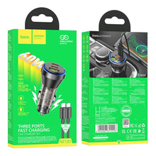 Заредете изображение във визуализатора на галерията – HOCO car charger USB QC 18W + 2 x Type C 30W + cabel Type C to Type C PD60W NZ12D transparent black
