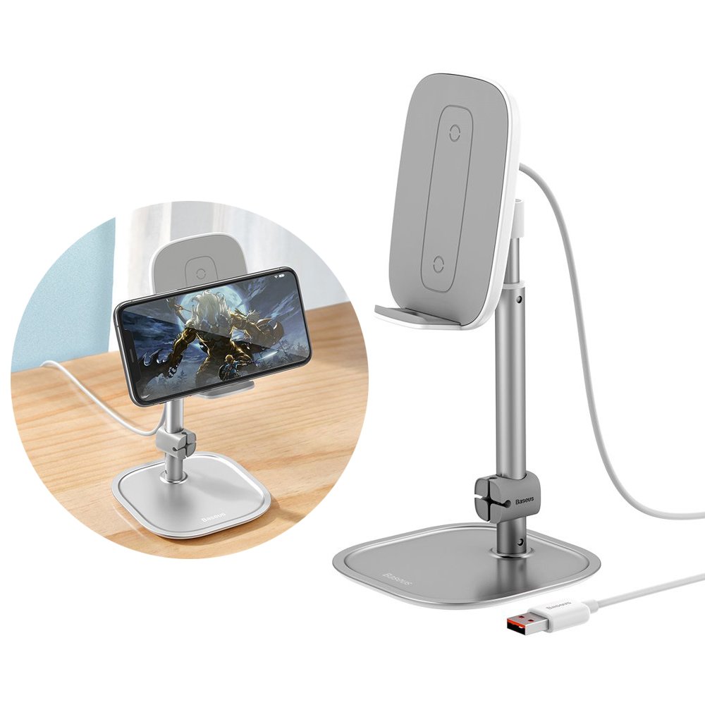 Baseus Telescopic Desktop Bracket phone holder wireless Qi charger 15 W with USB cable silver (SUWY-D0S) - TopMag