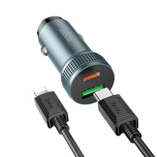 Заредете изображение във визуализатора на галерията – HOCO car charger USB QC 18W + Type C 20W + cable Type C to Iphone PD38W Z49B Level metal gray
