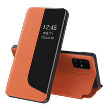 Заредете изображение във визуализатора на галерията – Eco Leather View Case elegant bookcase type case with kickstand for Huawei Y5p orange - TopMag
