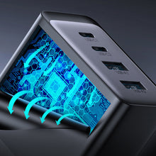 Заредете изображение във визуализатора на галерията – Joyroom charger GaN 67W 4 ports (2x USB, 2x USB C) black (TCG02) + cable USB C - USB C 100W 1.2m
