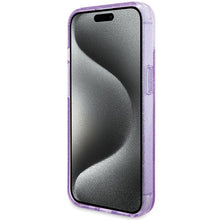 Заредете изображение във визуализатора на галерията – Original faceplate case GUESS GUHMP15MHRSGSU for iPhone 15 Plus (Magsafe / Glitter Script Logo / Ring stand / purple)
