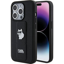Заредете изображение във визуализатора на галерията – Karl Lagerfeld Gripstand Saffiano Choupette Pins case for iPhone 15 Pro Max - black
