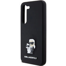 Заредете изображение във визуализатора на галерията – Karl Lagerfeld Silicone Karl&amp;Choupette Metal Pin case for Samsung Galaxy S23 - black
