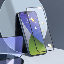 Заредете изображение във визуализатора на галерията – Baseus 2x Full screen 0,3 mm Anti Blue Light tempered glass with a frame iPhone 12 mini Black (SGAPIPH54N-KB01) - TopMag
