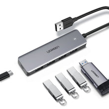 Заредете изображение във визуализатора на галерията – Ugreen USB HUB splitter - 4x USB 3.2 Gen 1 with micro USB power port gray (CM219 50985) - TopMag
