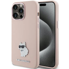 Заредете изображение във визуализатора на галерията – Karl Lagerfeld Silicone Choupette Metal Pin case for iPhone 15 Pro Max - pink
