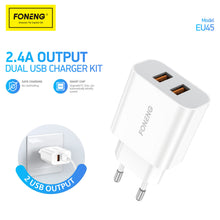 Заредете изображение във визуализатора на галерията – Foneng Wall charger EU45 - 2xUSB - 12W 2,4A with USB to Type C cable white
