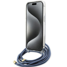Заредете изображение във визуализатора на галерията – Original faceplate case GUESS GUHCP15LHC4SEB for iPhone 15 Pro (Crossbody Cord 4G Print / blue)
