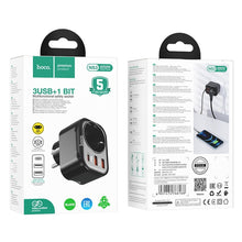 Заредете изображение във визуализатора на галерията – Hoco charger multifunctional charger type c pd20w + 2x usb qc3.0 3a + socket ns3 black
