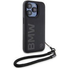 Заредете изображение във визуализатора на галерията – BMW Signature Leather Wordmark Cord case for iPhone 15 Pro - black
